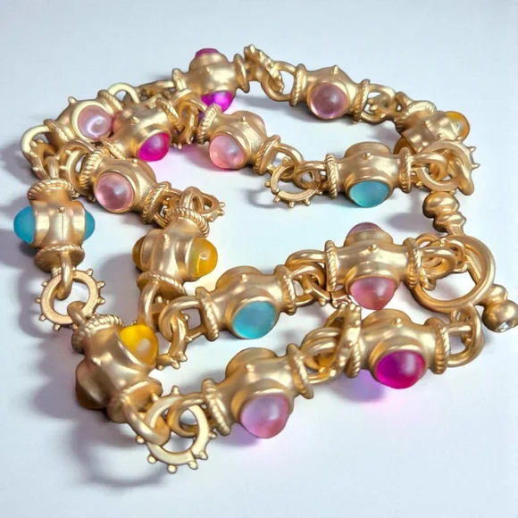 18k Matte Gold Byzantine Frosted Pastel Cabochon Toggle Necklace - Picture 2 of 4